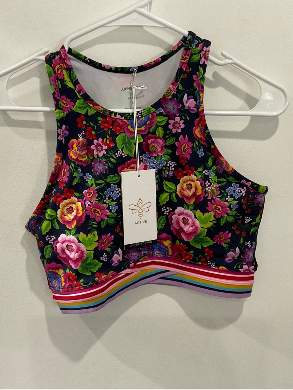 Johnny Was Floral Scoop Neck Sports Bra in Black with Multicolor Flowers NWT